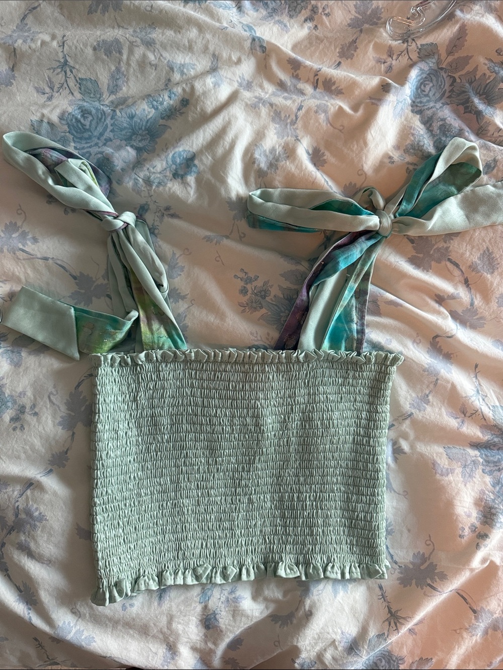 Mint Green Smocked Tie-Shoulder Crop Top